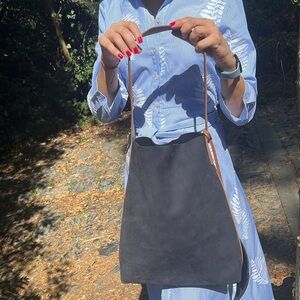 Navy blue nubuck suede geniune leather hobo - shoulder bag